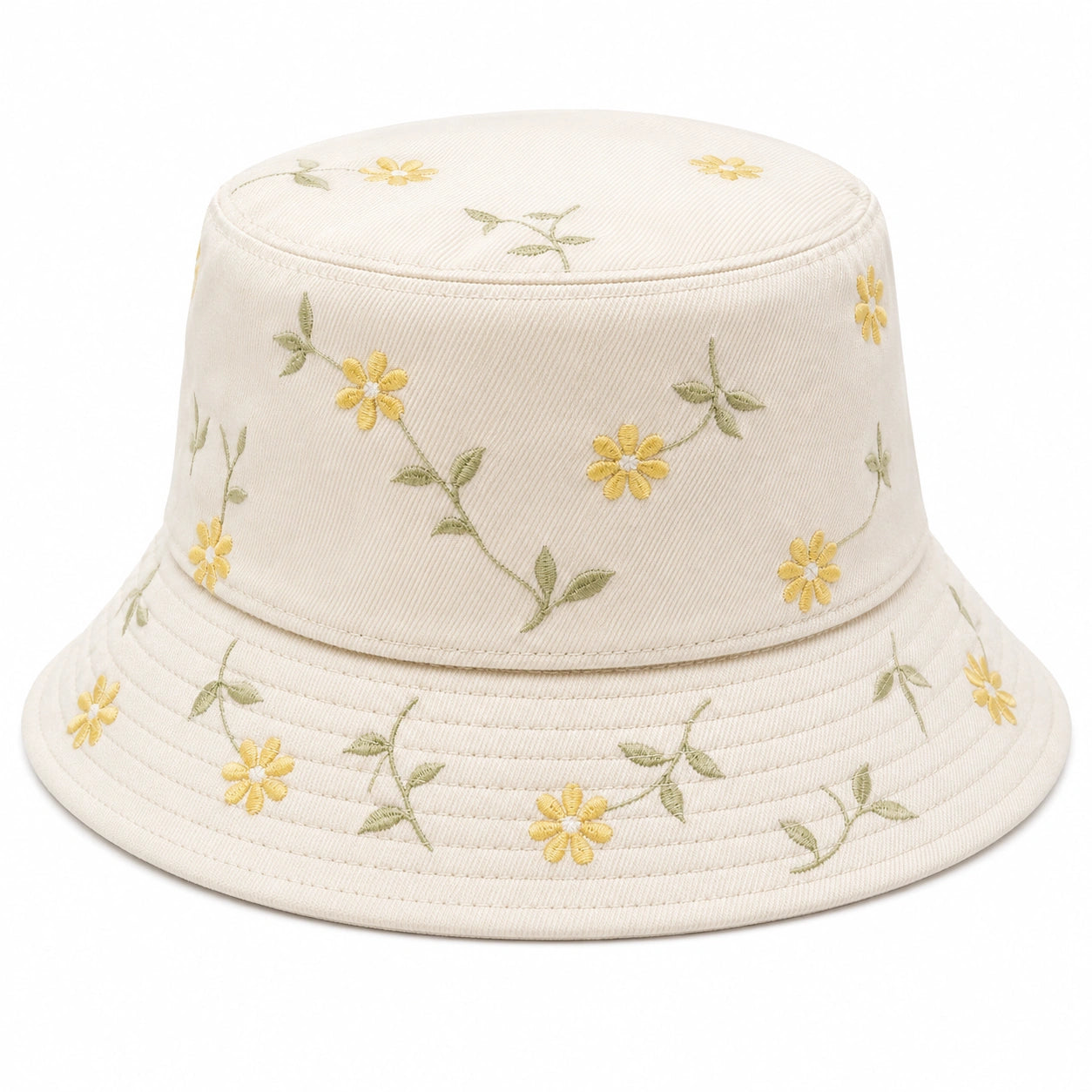Bucket Hat mit Gelber Blumenstickerei Beige