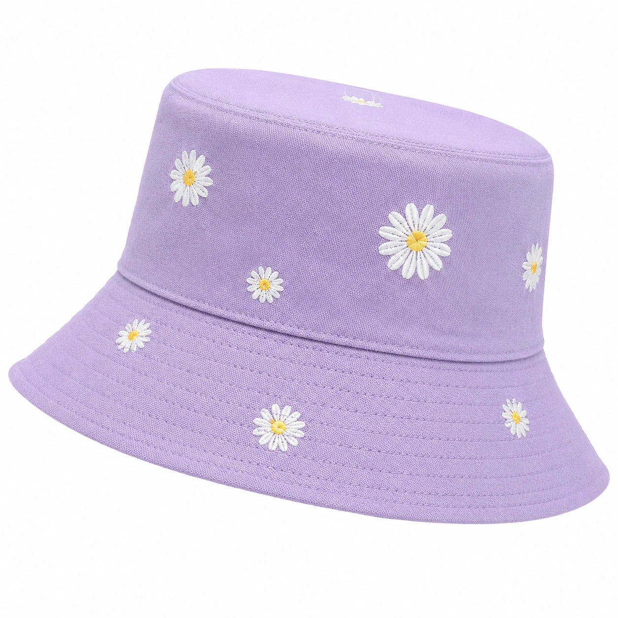 Lila Fischerhut mit Gänseblümchen Stickerei