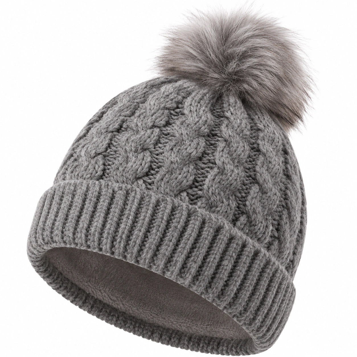 Graue Strickmütze mit Bommel